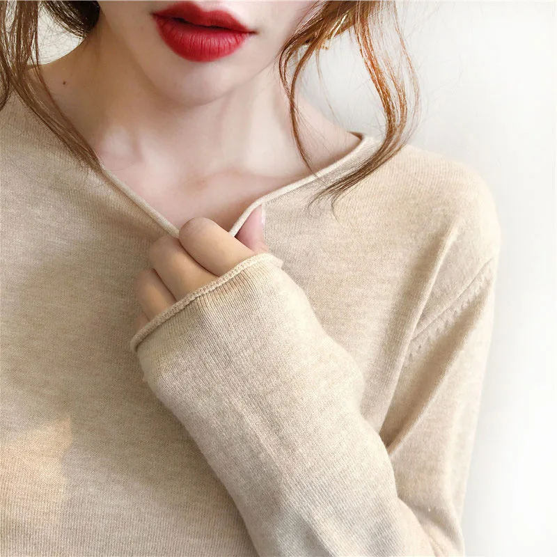 

Women's Core-Spun Yarn Sweater Fall and Winter Outer Wear Thin Sweater Crew Neck Inner Bottoming Shirt Loose-Fitting Western Sty