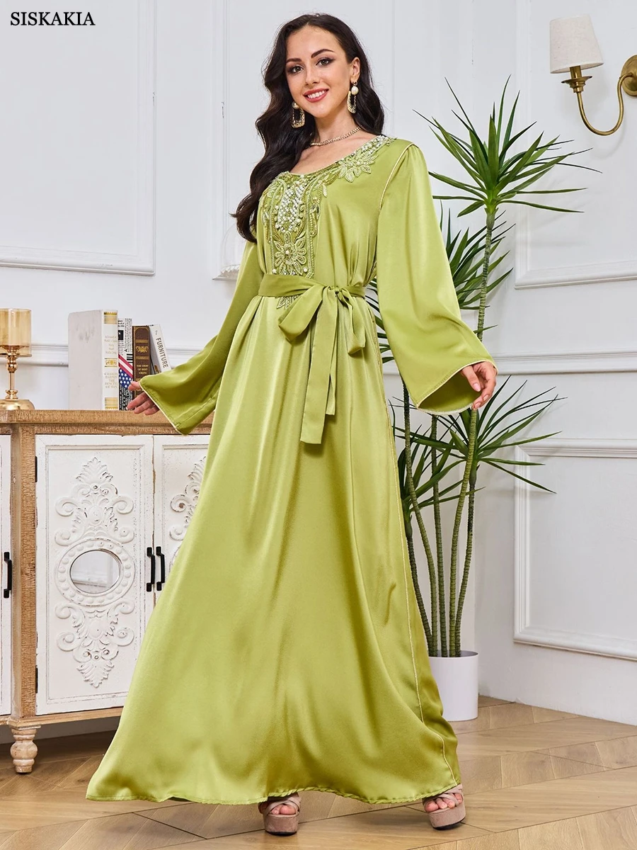 

Siskakia Muslim Abayas Elegant Ethnic Solid Embroidery Diamonds Full Sleeve Crew Neck Belted Clothing Dubai Women Long Dress