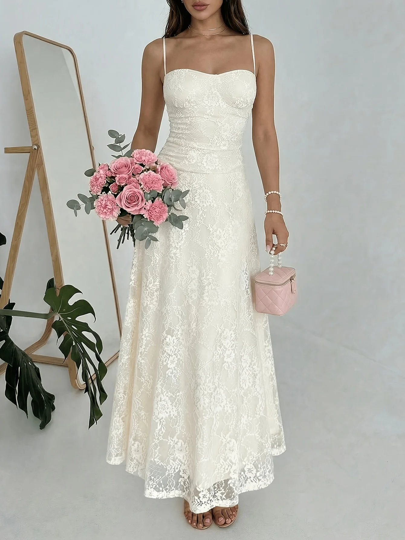 Elegante Abito Lungo in Pizzo da Donna, Nuovo Stile Estivo, Romantico Francese, con Cintura, Linea ad A, Senza Spalline, Stile Street Chic - immagine 5