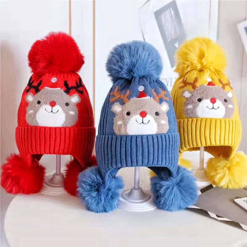 

Christmas Elk Children's Hat Embroidered Snowman Cartoon Wool Knitted Hat Girls Winter Pompom Baby Hat Thickened Windproof Cap