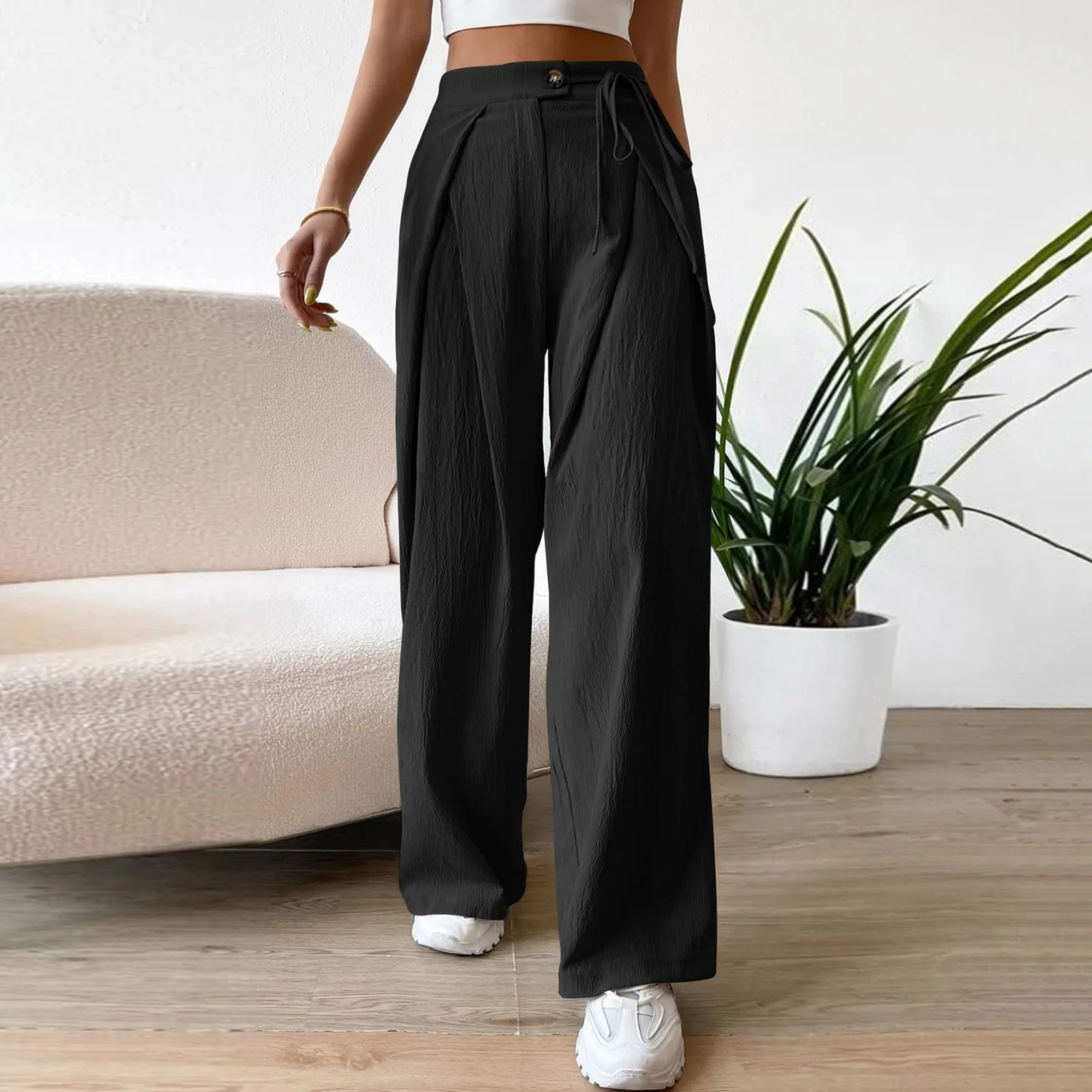 

Women Spring Summer Wide Leg Pants Lace up stitching Casual High Waist Straight Pant Loose Sweatpants Long Trousers