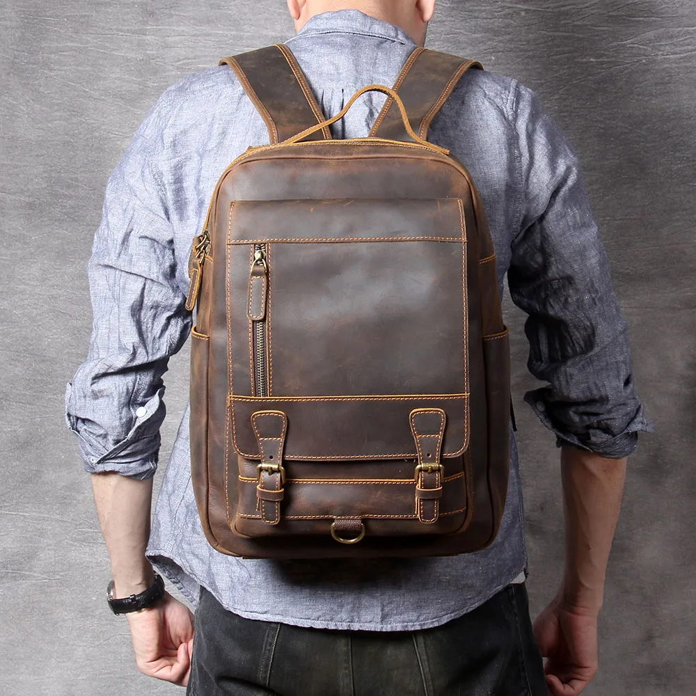 S.WORKER Vintage Genuine Leather Backpack Laptop Bag Crazy-horse Leather School Bag Outdoor Travel Weekender Shoulder Bag 2