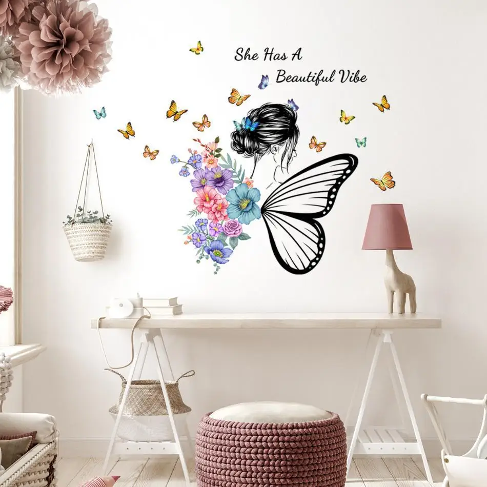 2 Pcs Wall Sticker Butterfly English Slogan Girl Flower Wall Sticker Paper Living Room Decoration Self Adhesive