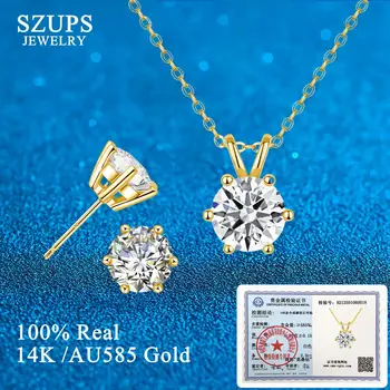 100% Real Gold 14K Moissanite Earrings Pendant Necklace Ear Stud For Wedding Engagement Valentine's Day Jewelry Set Gift 1