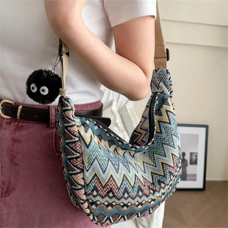 Canvas Embroidery Messenger Bag with Pendant, Ladies Street Trendy Dumpling Shoulder Bags for Women Daily Use, Work Party Travel