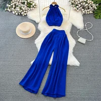 Green/Black/Red 2026 New Summer Two Piece Set Women Sexy Strap Short Tops + High Waist Wide Leg Pants Female Suit New - Image 5