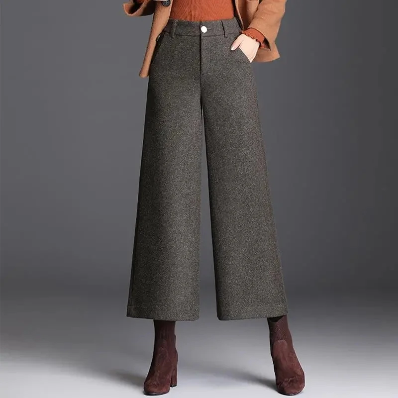 

Зимние теплые шерстяные женские брюки 2024, женские плиссированные широкие брюки с высокой талией, Капри для женщин, женские брюки с карманами 5XL