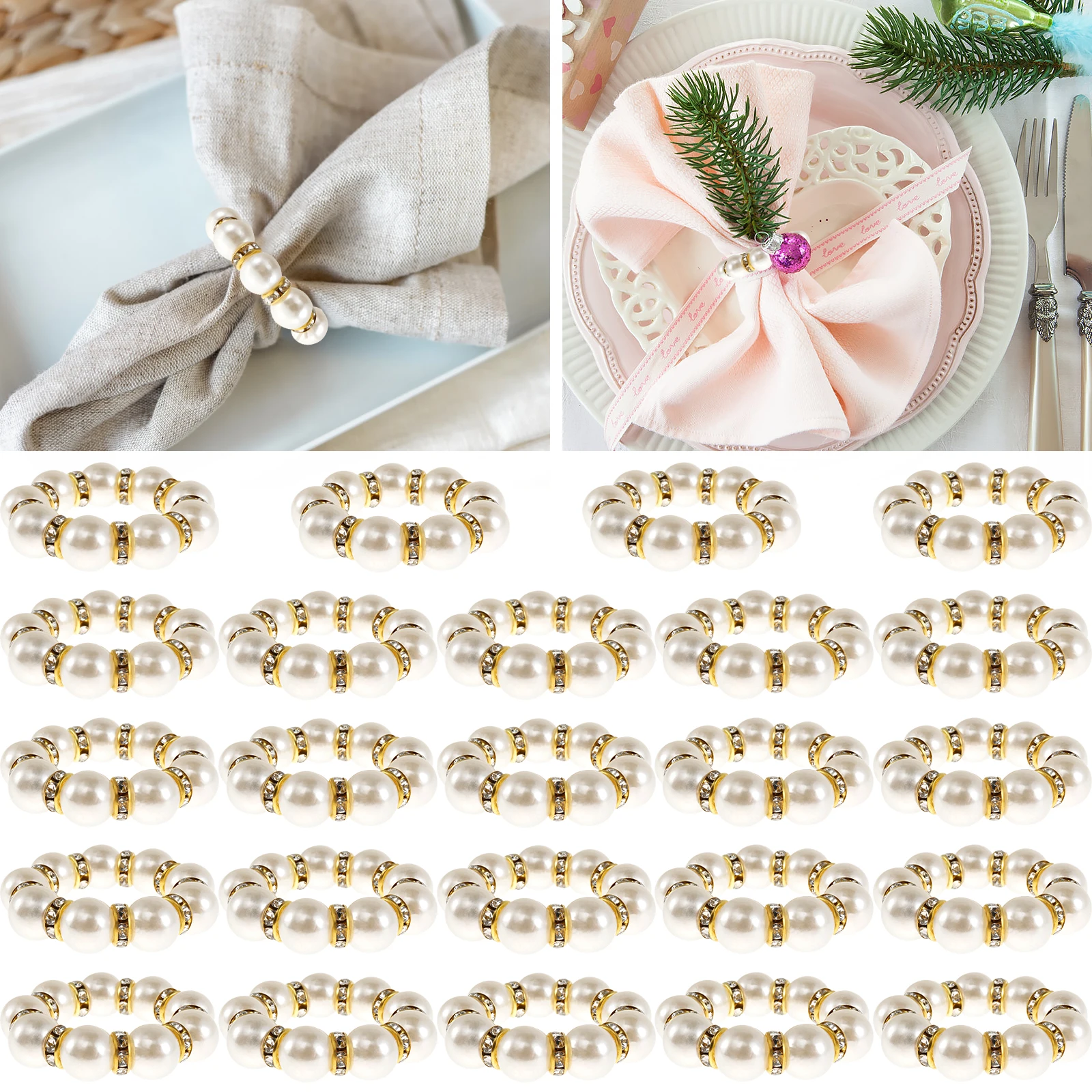 24 pezzi portatovaglioli di perle eleganti portatovaglioli con perline di perle anelli di tovagliolo con strass allungati da 4 cm per fornure per feste di nozze