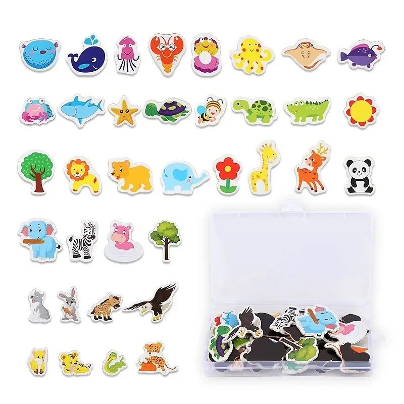 Magnetic Fridge Magnets 12pcs Animal Fridge Magnet Fish and Crab Wooden 3D Cartoon Sticker Toy