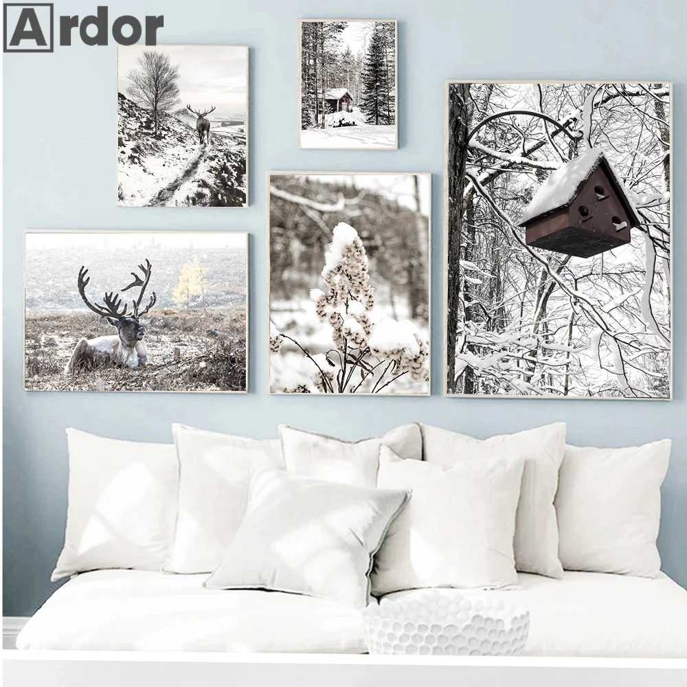 

Winter Snow Scenery Picture Wall Art Canvas Painting Elk Field Tree Poster and Print for Modern Home Interior Living Room Decor