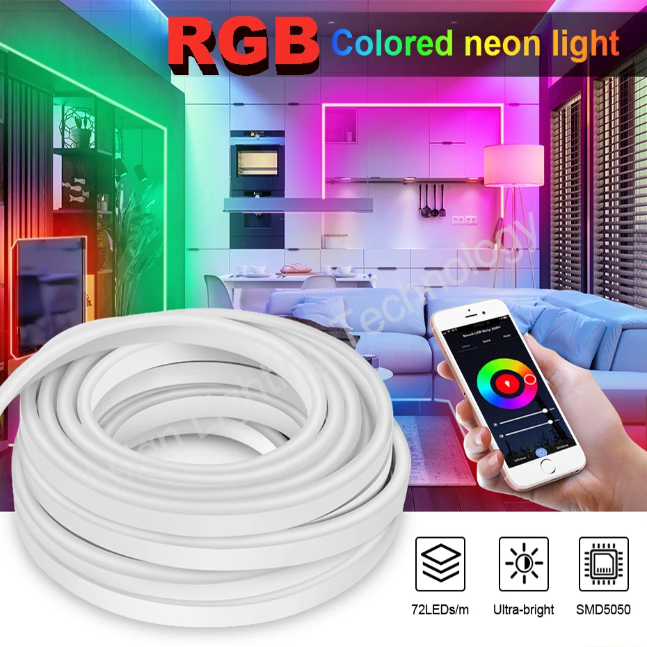 AC 220V RGB LED Neon Strip 5050 Waterproof IP67 Flexible Ribbon Tape Remote/Bluetooth/WiFi Control Neon Sign Light with EU Plug