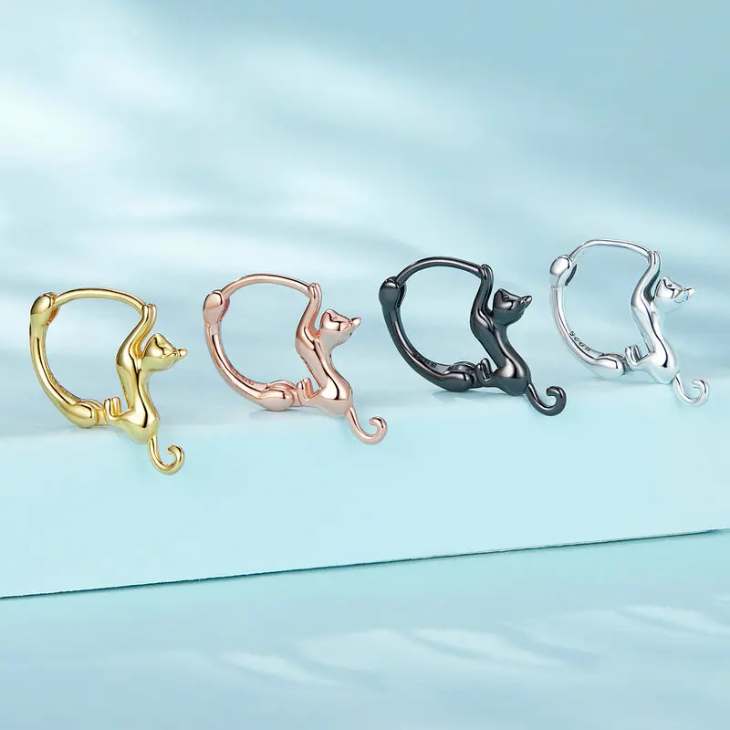 Sterling Silver Cute Cat Earrings Oxidation Shining Ear Bells Hypoallergenic for Women - PeticaDeals
