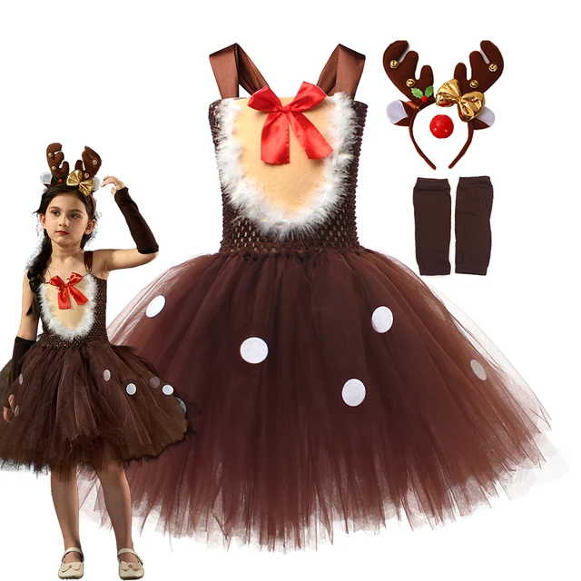 Милое Платье с оленем для девочек, фантастический костюм для косплея для девочек с повязкой на голову, Детские карнавальные костюмы, сетчатые платья для выступлений 1