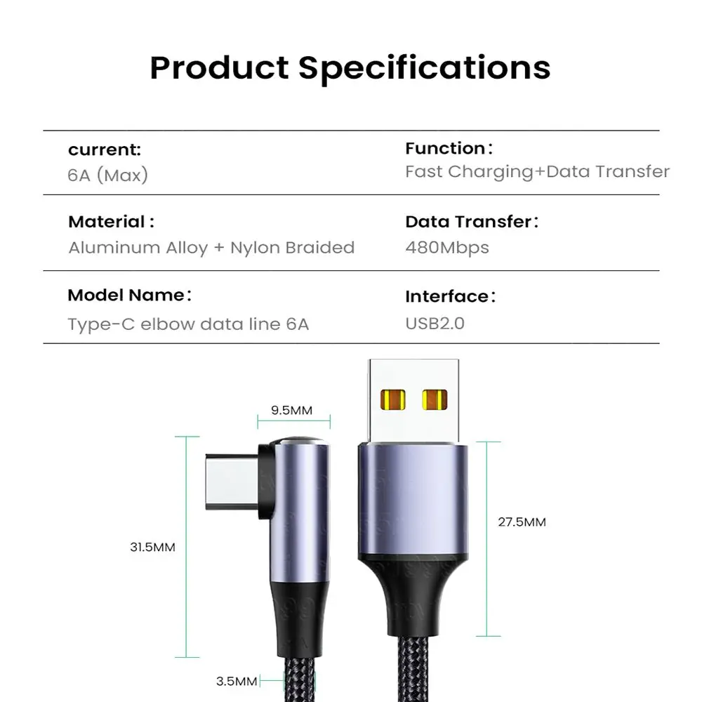 4.0 직각 와이어 90도 데이터 케이블 100W PD 고속 충전 라인 USB A to USB 타입 C 케이블 (노트북, 휴대폰용)