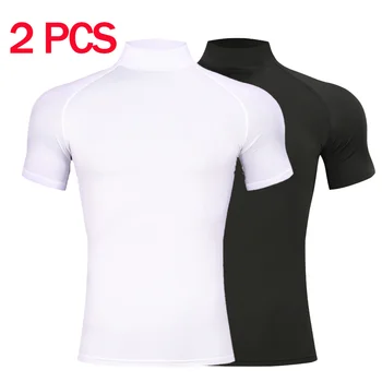 2Pcs Mens Compression T-shirt Summer Bodybuilding Sports Tight Turtleneck Short Sleeve Gym Quick Dry Running Male Workout Top 1