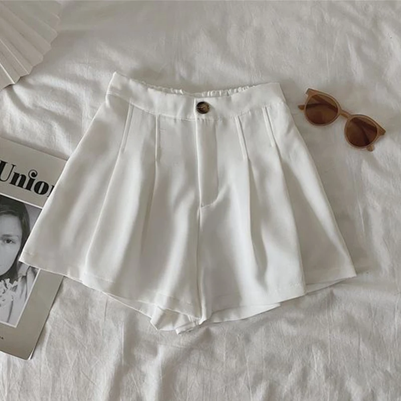 DAYIFUN Women Solid Shorts Simple Casual Elastic High Waist Pants Pleated Chic Summer Wide Leg A-line Short Pants Streetwear