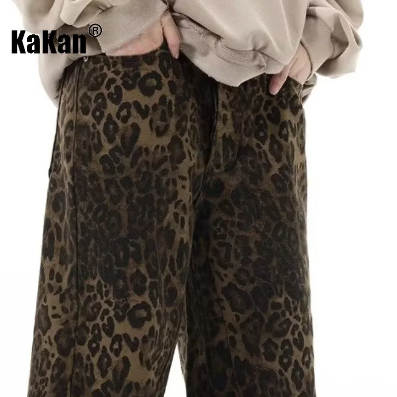 Kakan - European and American New Retro Leopard Print Jeans for Men, Straight and Loose Fitting Casual Long Jeans K27