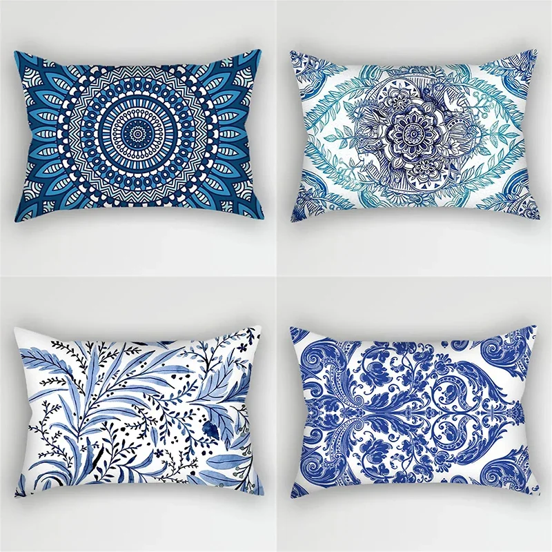 30x50cm Bohemian Blue Flower Pillowcase Vintage ink plant Leaf Cushion cover Home Decor Sofa Living Room Car Waist 1