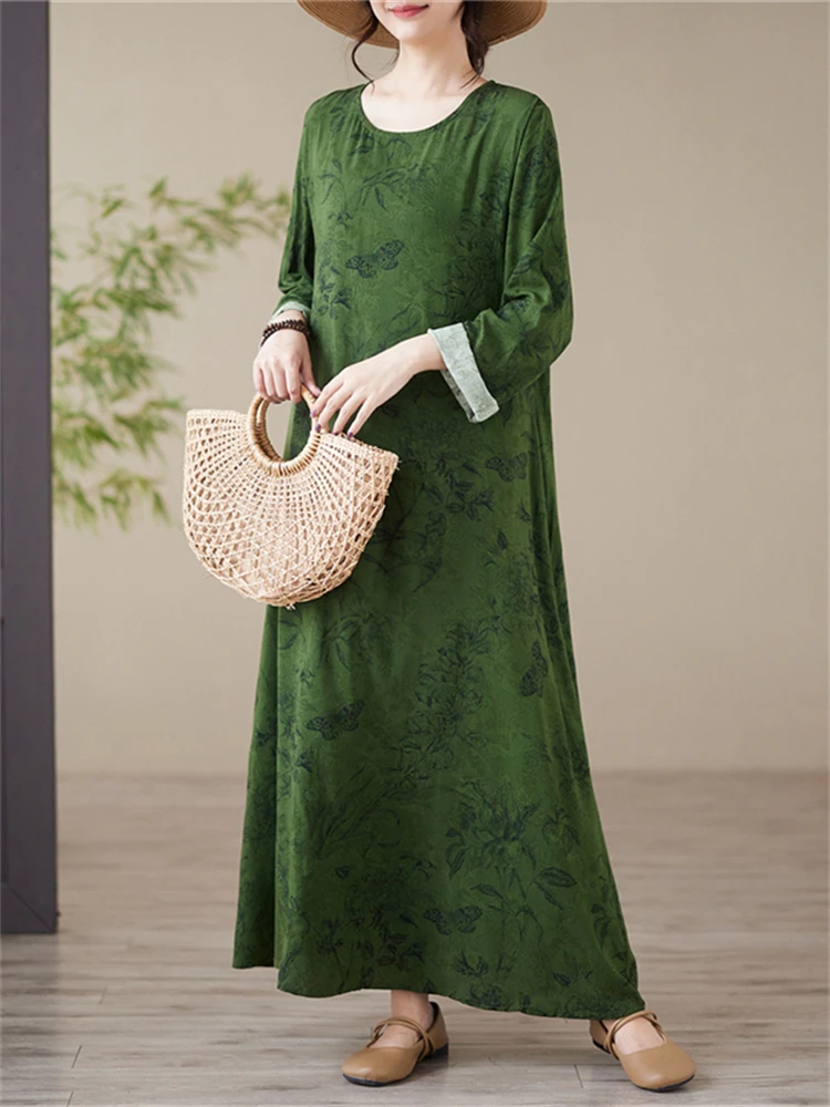 Spring Autumn Cotton Vintage Print Long Sleeve Dresses For Women Casual Loose Dress Office Lady Work Femme Robe Vestidos Clothes