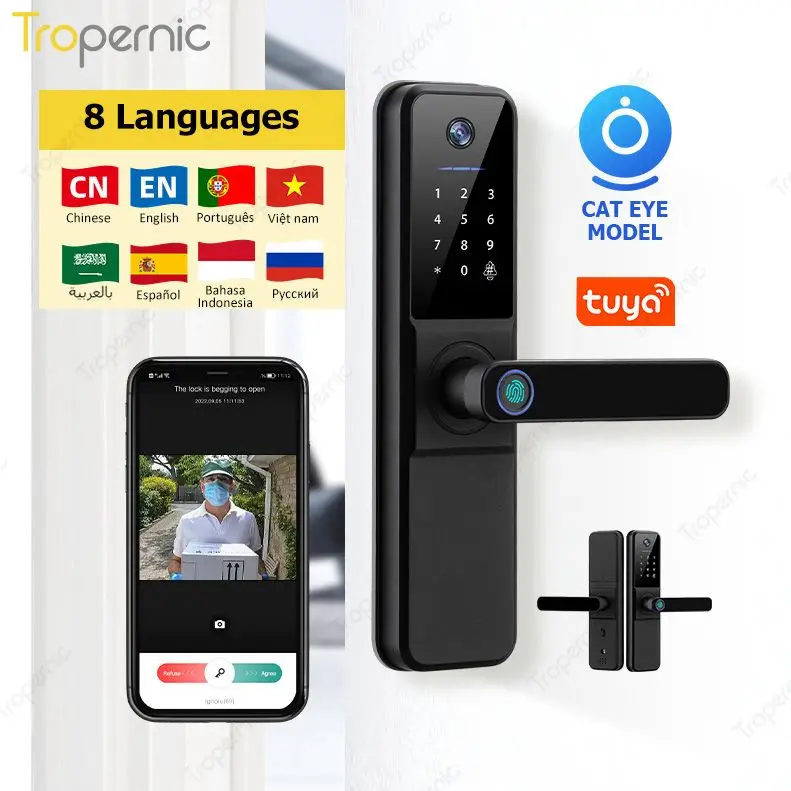 

TUYA Camera photo-Taking 8 Language 5 Unlock Electronic Fingerprint Front Door Security Wifi Door-Viewer Digit Door Lock