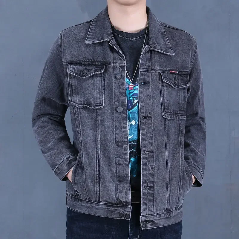 thumbnail image 1 of Chaqueta vaquera de otoño con botones para hombre, chaqueta vaquera gris para hombre, de tela negra, de Corea, venta al por mayor, a bordo, de marca Rock, 1 of 5