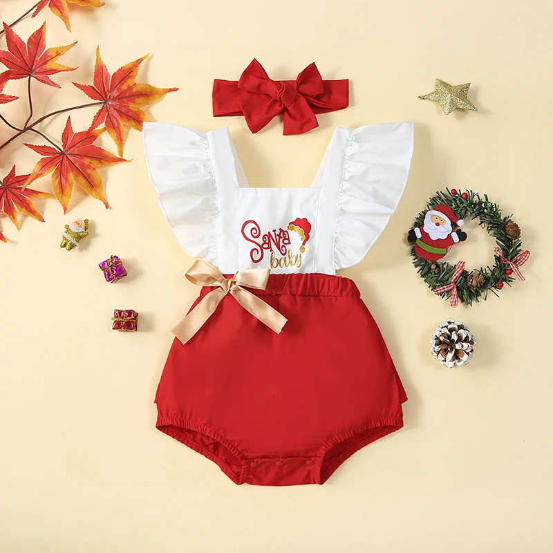 

0-24Months Baby Girls Christmas Casual Romper Flying Sleeve Letter Print Patchwork Playsuit with Headband Party Outfit