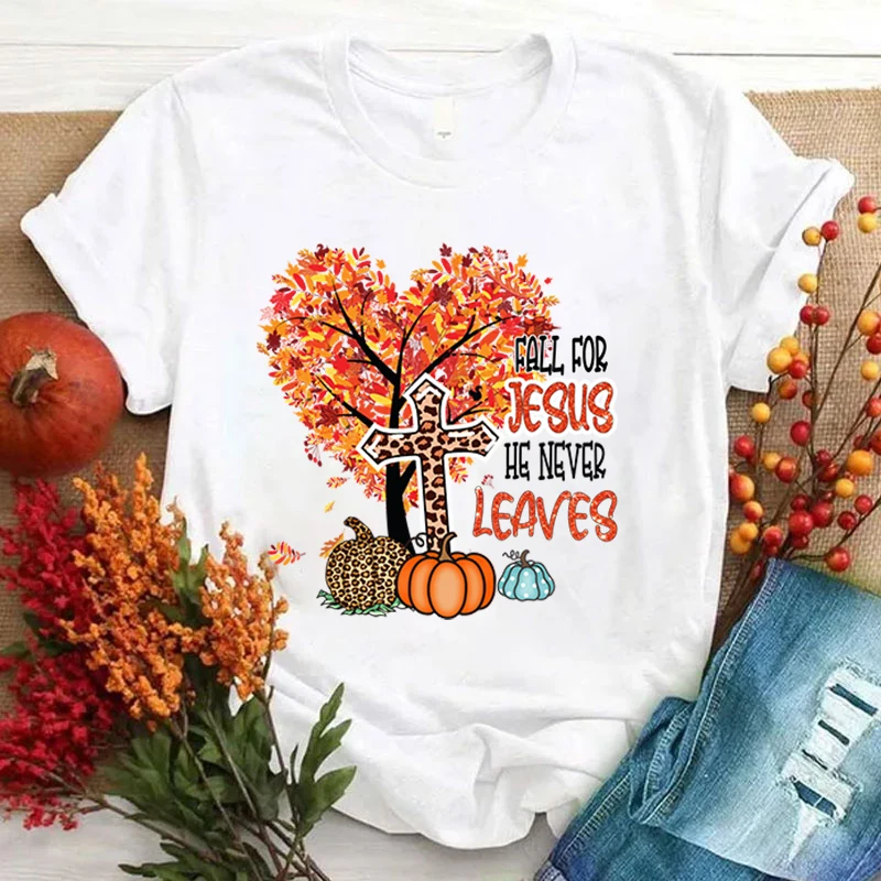 

Hot Fall Pumpkin For Jesus He Never Leaves Letter Printed Women Summer Short Sleeve Tee Shirts Round Neck Casual T Shirt