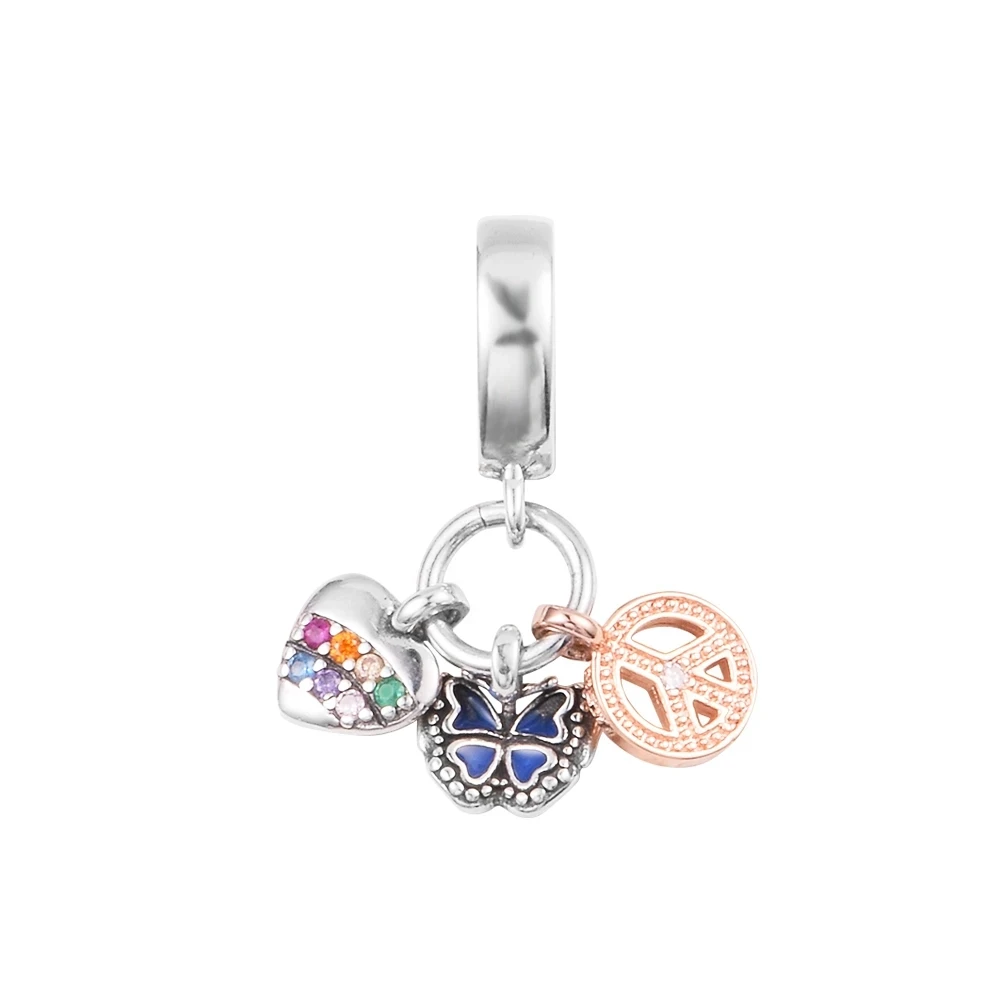 

Rainbow Heart Butterfly & Peace Triple Free Shipping Beads DIY Jewelry Bracelet For Women Mother Kids Silver 925 Original