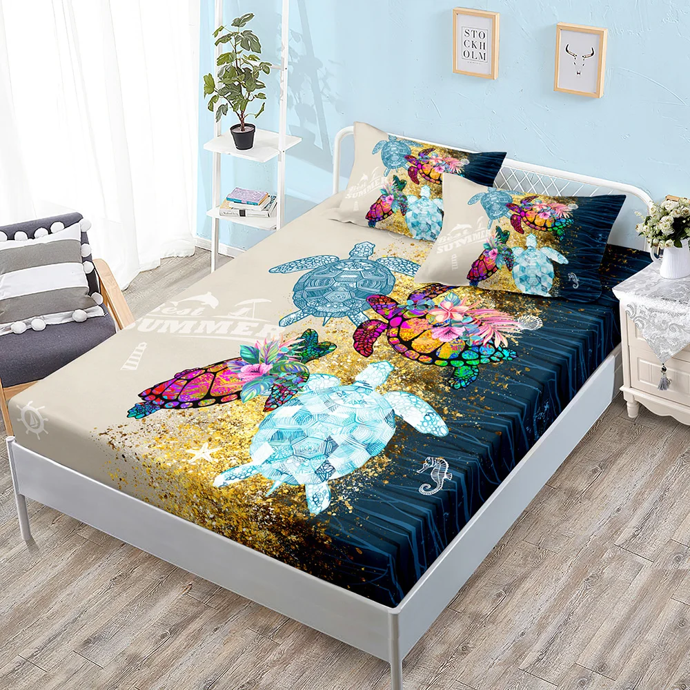 Ocean World Turtle Fitted Sheet Bed Mattress Protector Fashion Bedding Elastic Bed Sheets Kids Twin Full Queen King Bed Cover 5