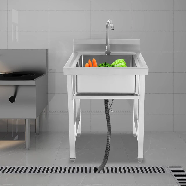 Freestanding Stainless Steel Kitchen Sink Rectangular with Stable Bracket Design and Drain Pipe 60 x 60 x 93 cm 6