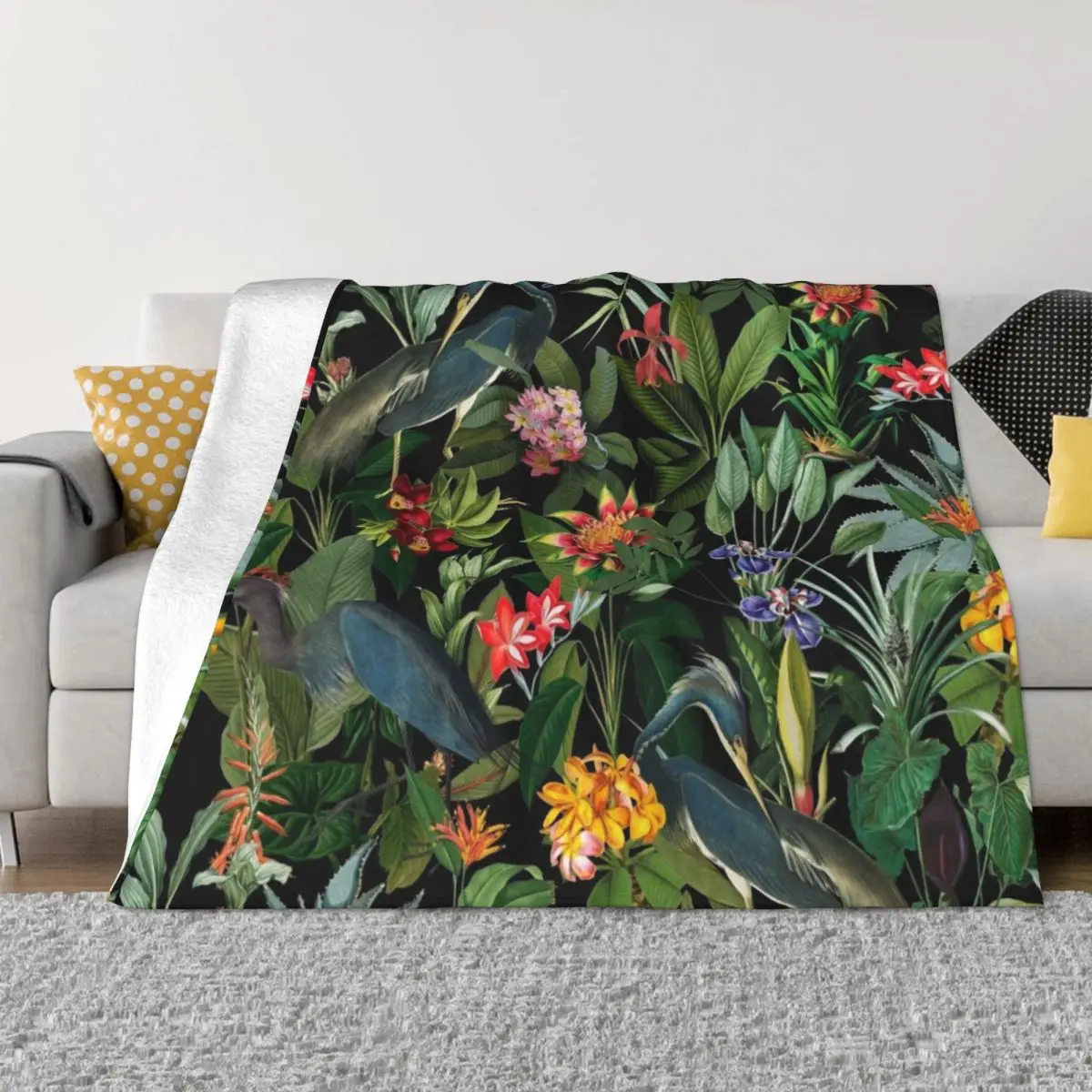 

Vintage Pattern - Blue heron and tropical flowers Throw Blanket blankets and throws Soft Beds Flannel Fluffy Softs Blankets