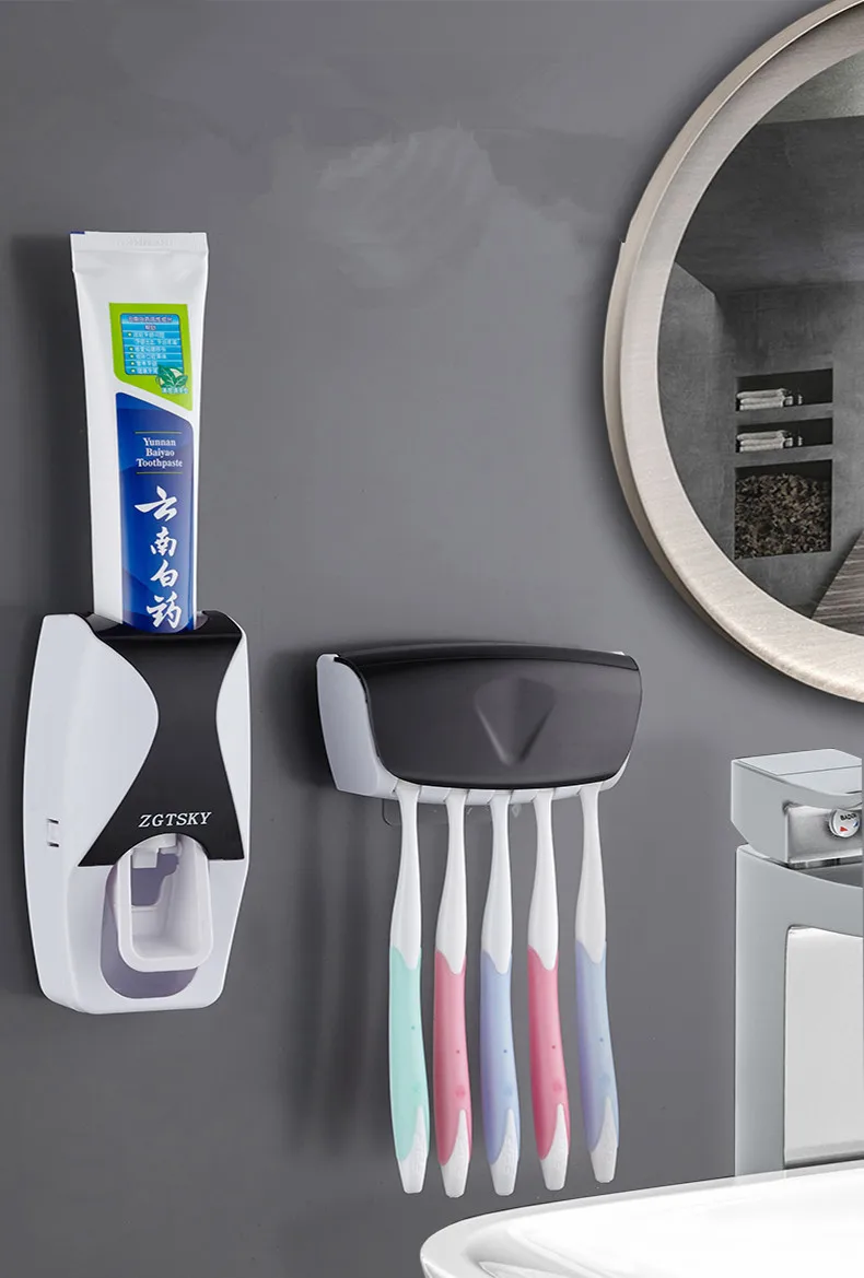 1 Pair Tooth Brush Holder Automatic Toothpaste Dispenser Holder Toothbrush Wall Mount Rack Bathroom Tools Set