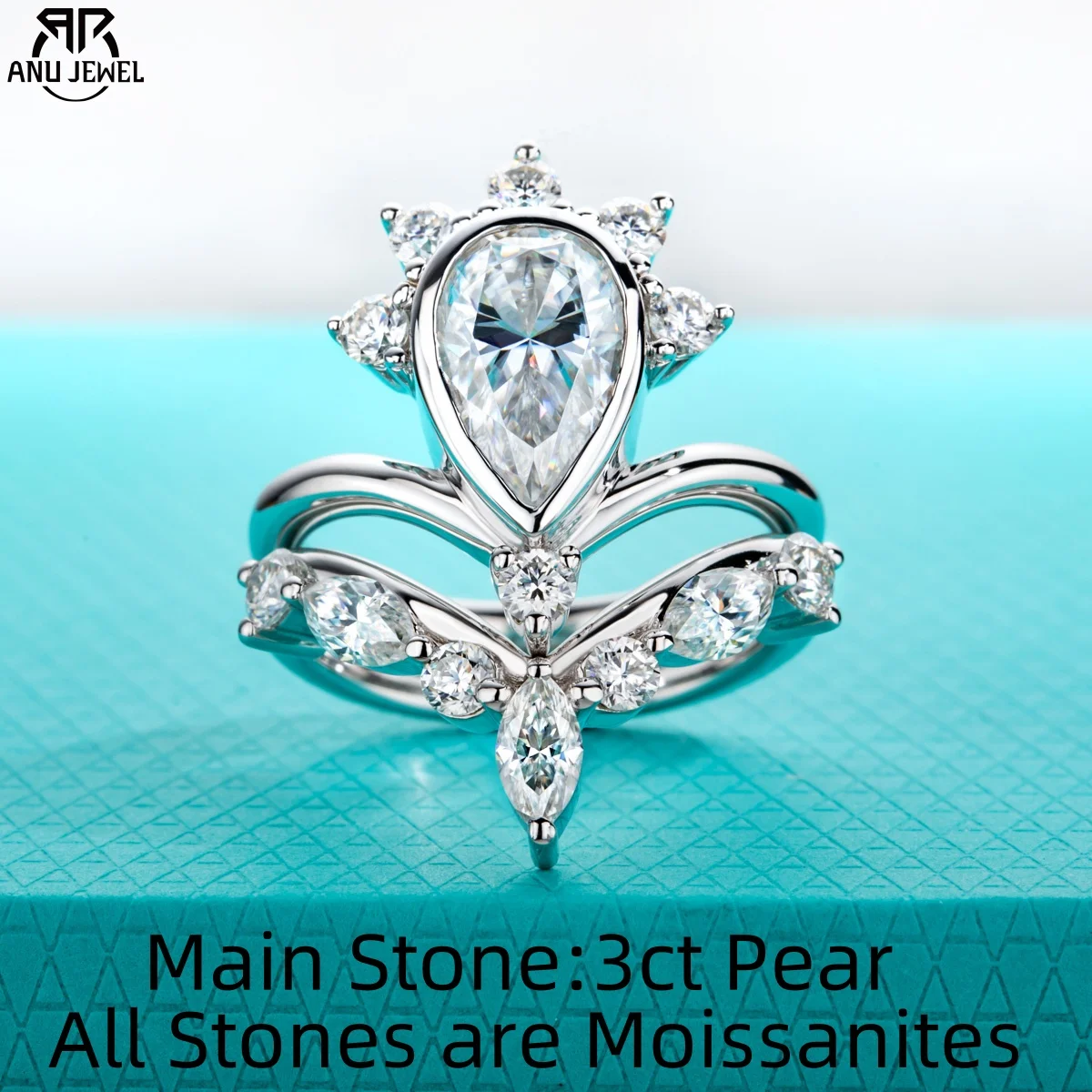 AnuJewel 3ct 배 컷 D 컬러 Moissanite 신부 반지 세트 실버 웨딩 밴드 크라운 기념일 보석 선물