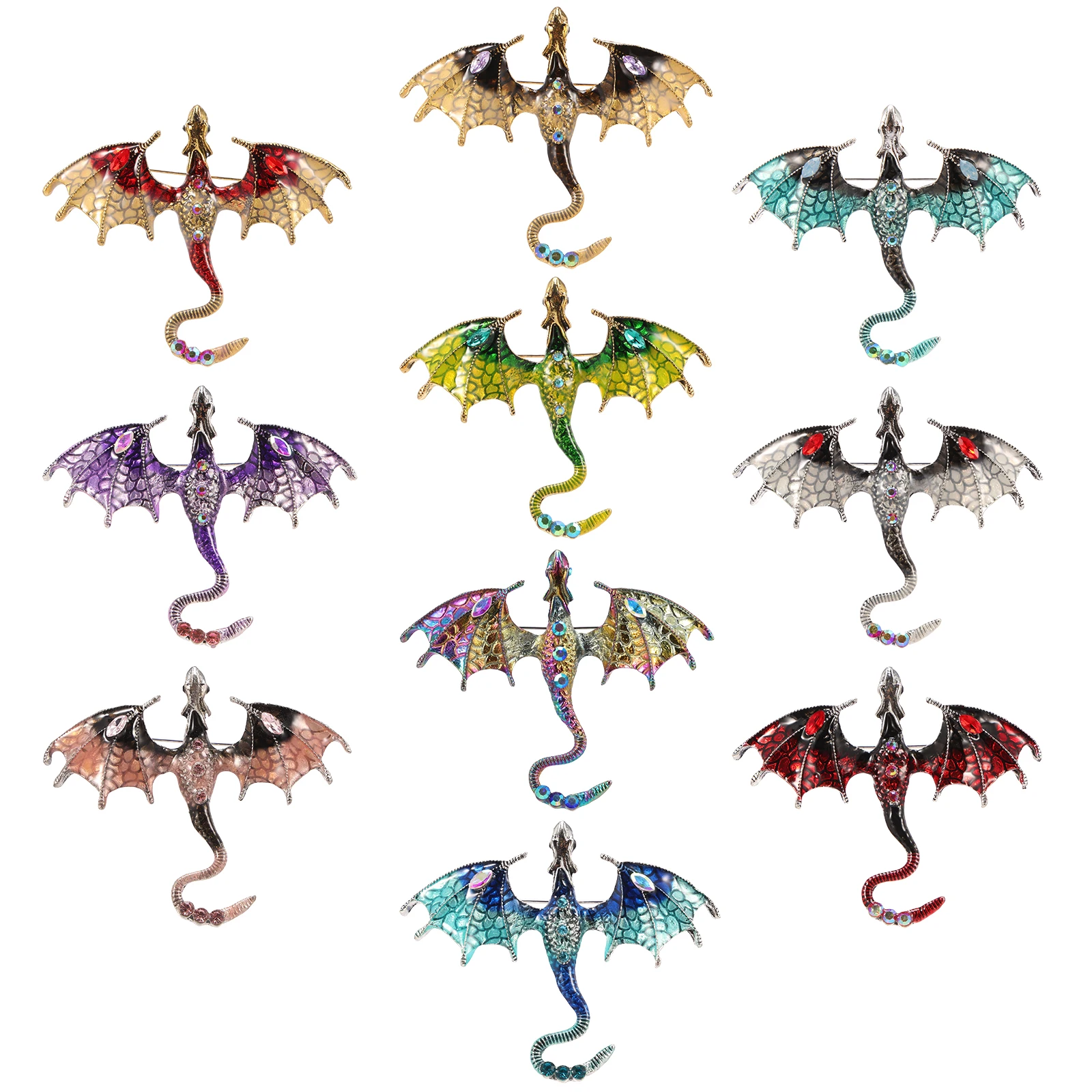 10 Stück modische Legierungs-Emaille-Brosche in fliegender Drache, Vintage-Stil, gespreizter Flügel-Drachen-Stil, Anhänger-Set für Halskette und Schmuck