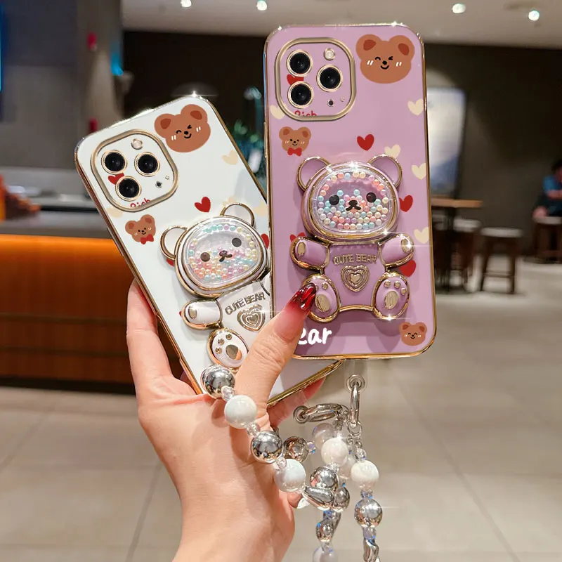 Pearl Strap Lanyard Love Bear Phone Holder Case - Anti-Knock Cover