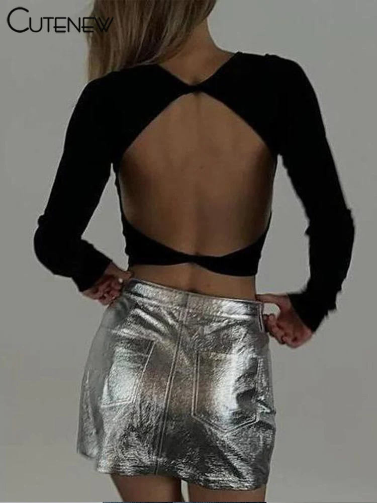 Fashion Wild Women T-shirts Classic Concise Back Cut Out Full Sleeve Skinny Crop Tees Female Trend Matched Streetwear