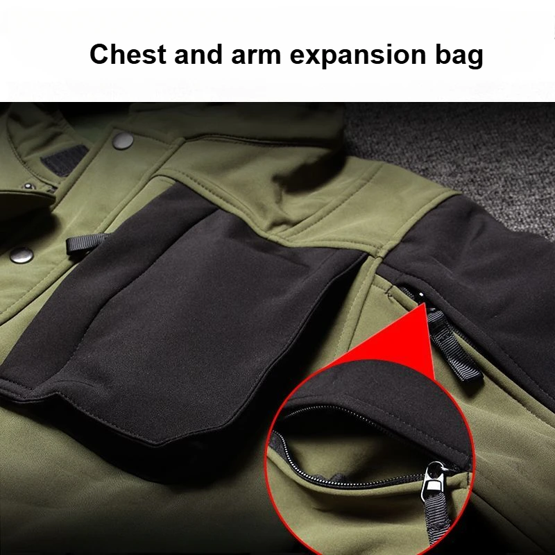 Outdoor Men Shark Skin Soft Shell Set Fleece Warm Tactics Suit Multi Pocket Wear-resistant Charge Jacket+Waterproof Pant 2-piece 4