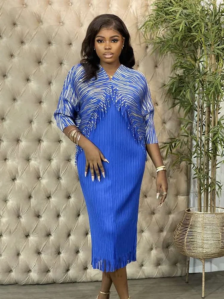 ANLAN Tassel Pleated Miyake Maxi Long Dress Fashion V-Neck Full