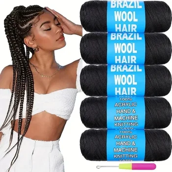 1/5/8 Roll Black Brazilian Wool Hair Acrylic Yarn For African Synthetic Crochet Hair Jumbo Braids Braids Twist Wraps70G/Roll 1
