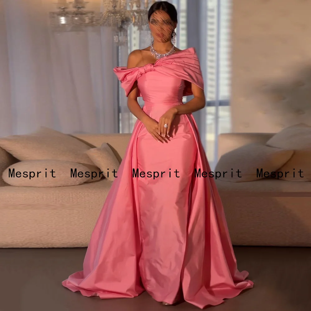 

Hot Pink Evening Dress Off The Shoulder Simple Slit Saudi Arab Prom Dresses Sweep Train Arabic Formal Party Gown Custom Color