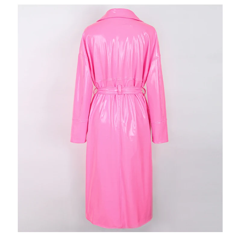 Mauroicardi Spring Long Soft Thin Flowy Shiny Reflective PVC Trench Coat for Women Sashes Y2K Streetwear Runway European Fashion