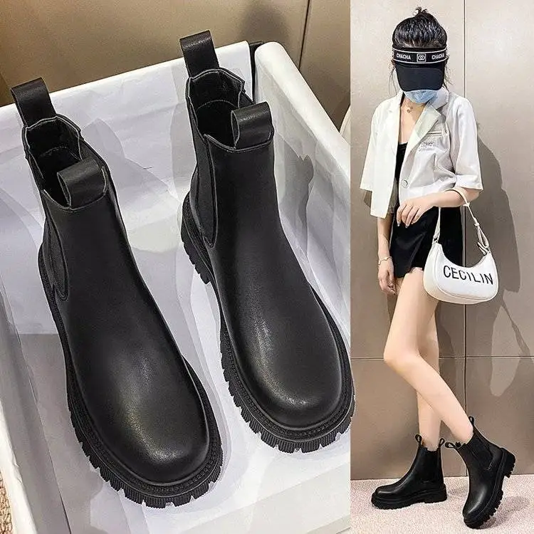 

Genuine Chelsea Boots Martin Boots Women's Thick Soled Cuffed Women's Boots Wear-resistant Non Slip Flat Bottomed Short Boots