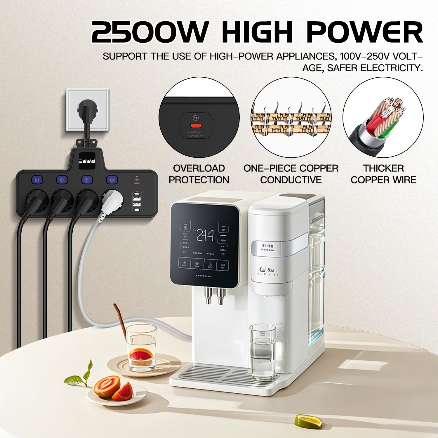 EU Plug Power Strip with USB-C, Independent Switching & Overload Protection
