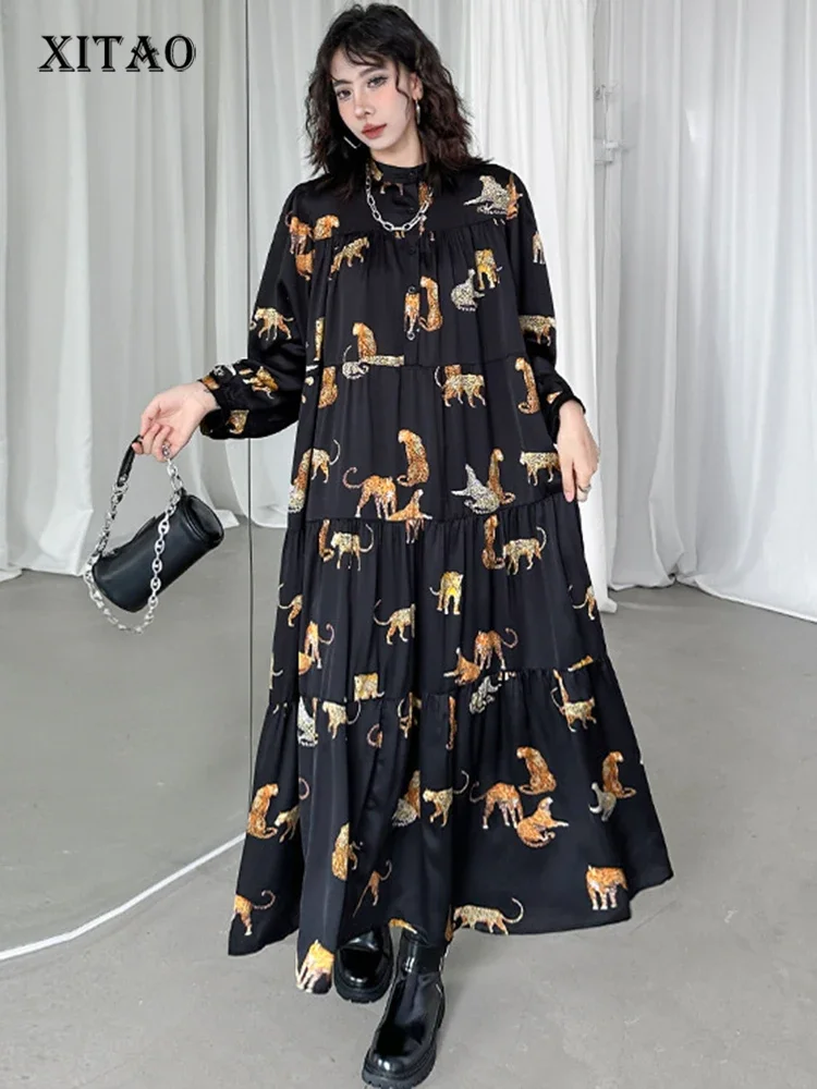 

XITAO винтажное платье с воротником-стойкой, длинным рукавом и принтом, свободное модное темпераментное женское платье, новинка весны 2024, уличное модное платье LYD1289