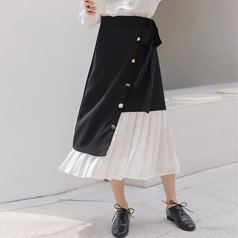 

2023 New Spring Summer Women Female Sexy Polyester Brand Skirt High Waist Lace-Up Chiffon Patchwork Pleated Midi Black Skirts