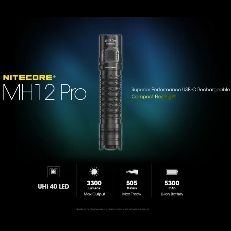 NITECORE MH12 V2 강력한 빛 1200 루멘 충전식 전술용 휴대용 스포트라이트 5000mAh 배터리 포함
