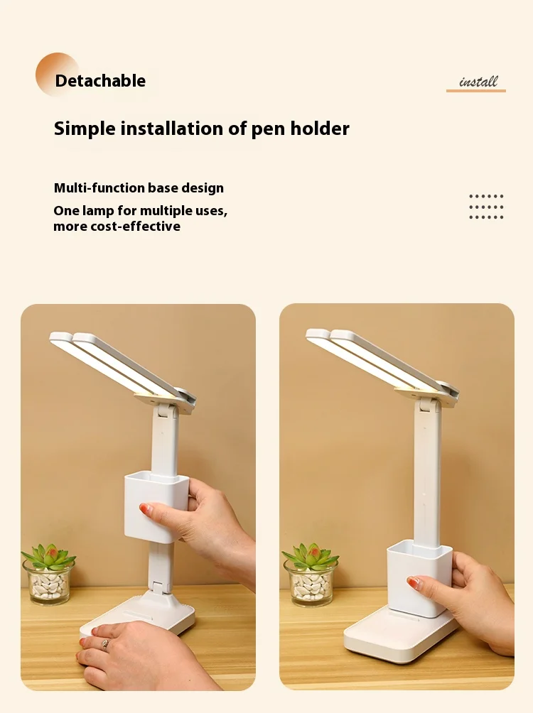 LED double-head desk lamp, 3-level dimmable touch night light, USB rechargeable, eye-protection, foldable bedside reading desk