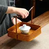 Hand-made bamboo basket with handle, Chinese retro tea set, lacquer woven storage box, portable fruit basket 3