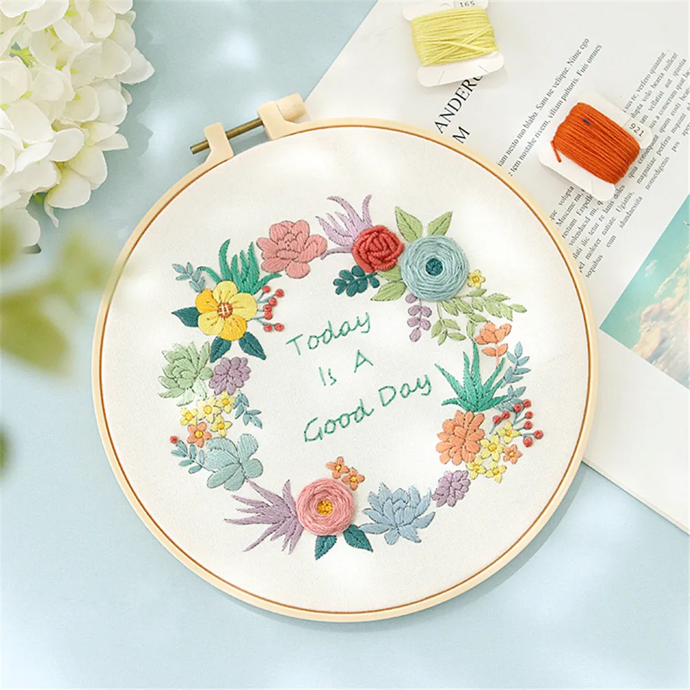 Flower Embroidery Starter Kit DIY Cross Stitch Set for Beginner Plant Printed Sewing Art Craft Painting Home Decor Needle Art