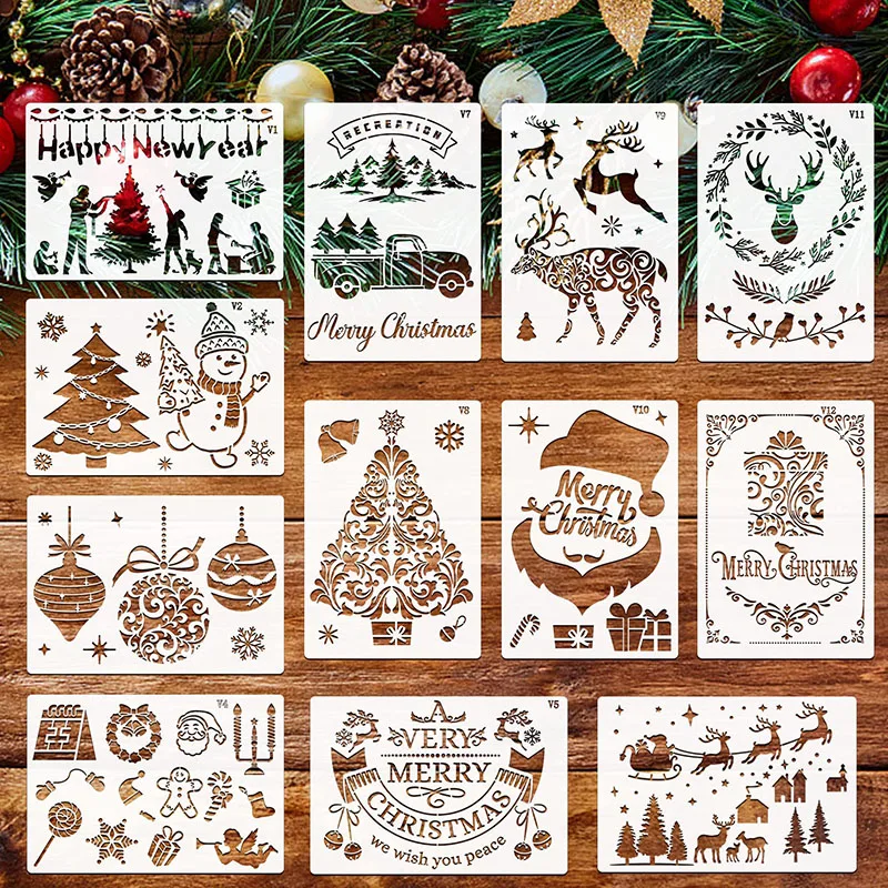 

12pcs Christmas Stencils Reusable Plastic Xmas Drawing Templates Christmas Holiday Stencil Santa Claus Snowflake Snowman Stencil